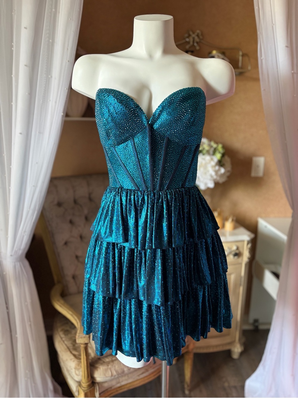 Sherri Hill Strapless Sparkly Teal Ruffle  Corset Homecoming Dress
